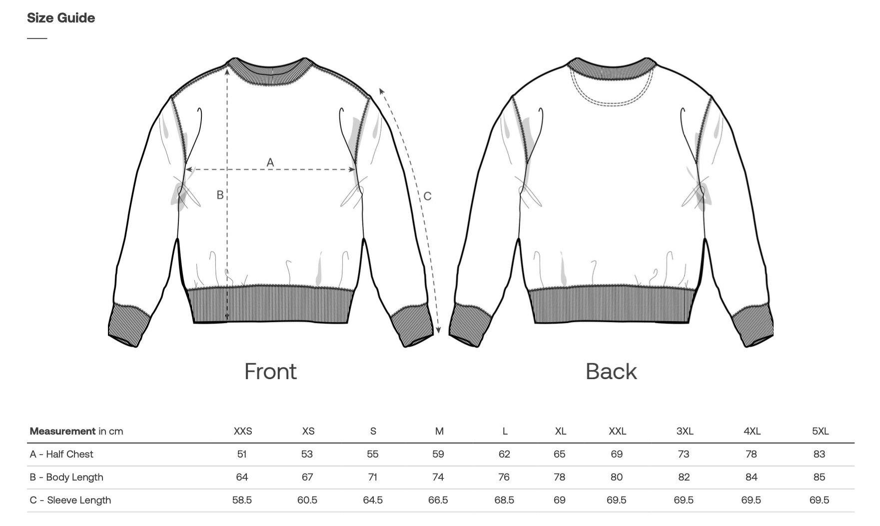 Dydžių lentelė – Džemperis 